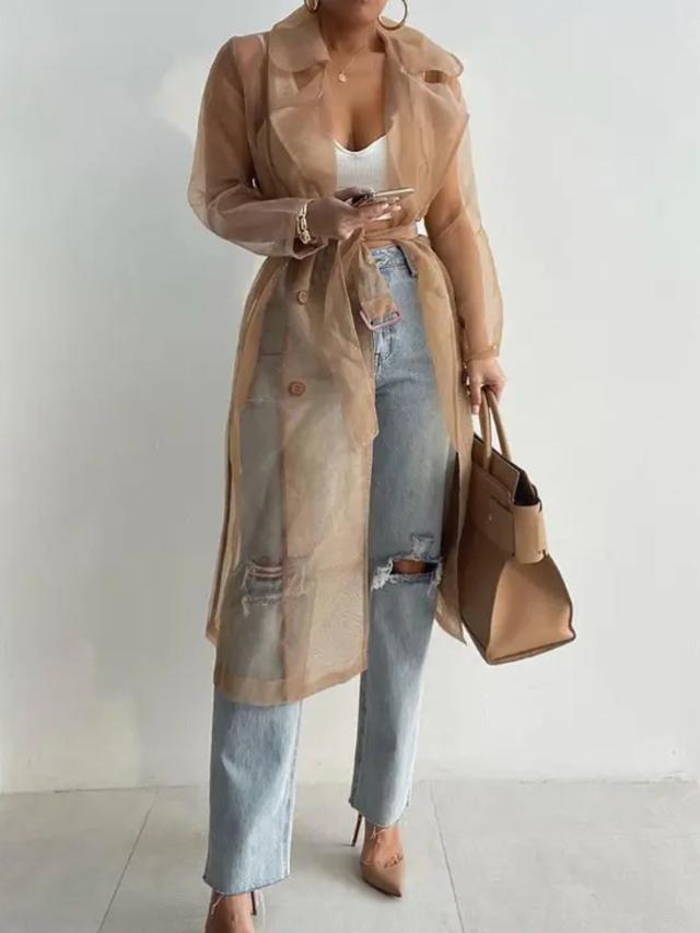 LW BASICS See Through Solid Color Trench Coats