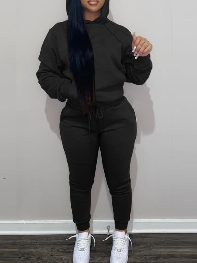 LW BASICS Plus Size Hooded Collar Kangaroo Pocket Tracksuit Set 1X