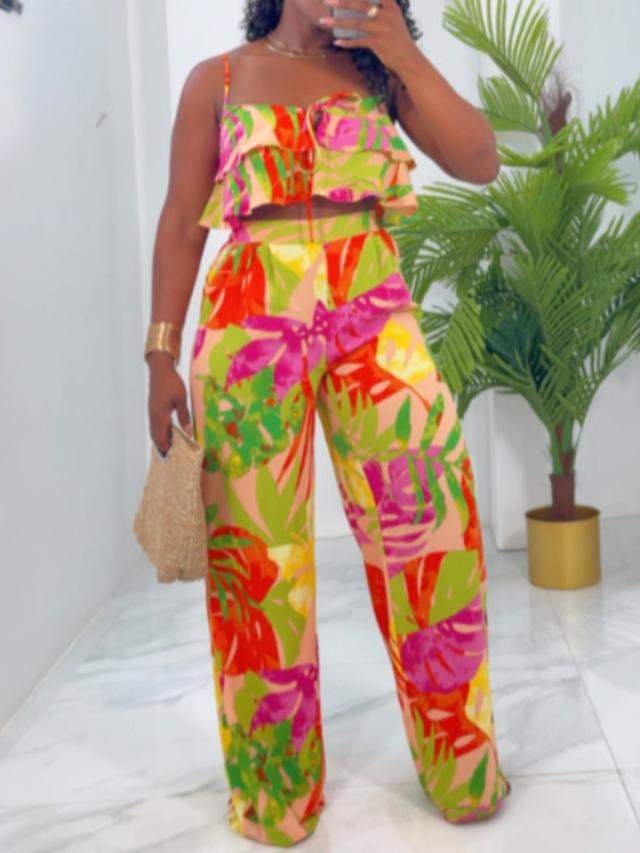 LW Plus Size Bandage Design Mixed Print Two-piece Pants Set 2X