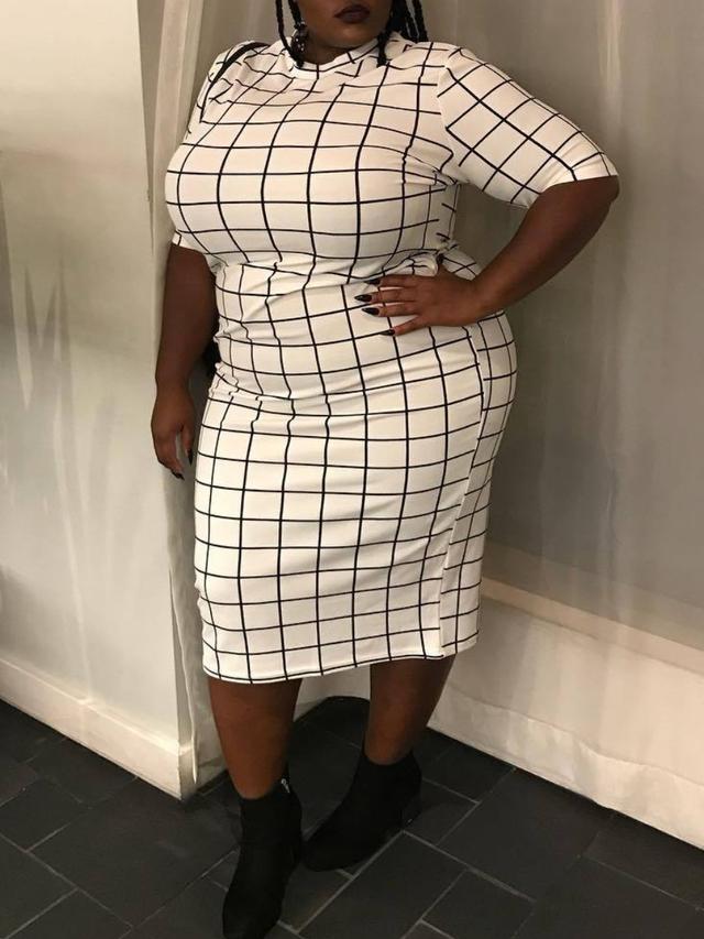 LW Plus Size Round Neck Plaid Print Bodycon Dress 2X