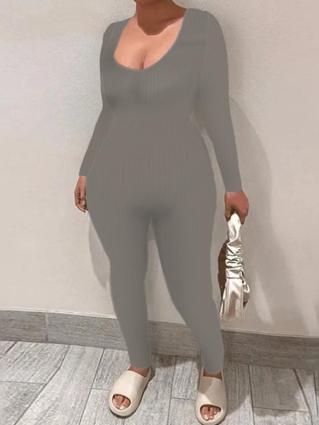 LW BASICS Plus Size V Neck Skinny Stretchy Jumpsuit 1X