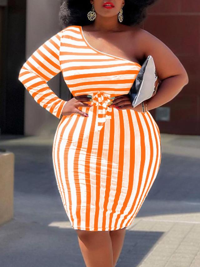 LW Plus Size One Shoulder Striped Bodycon Dress 1X