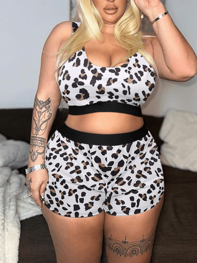 LW Plus Size Crop Top Leopard Print Shorts Set 5X