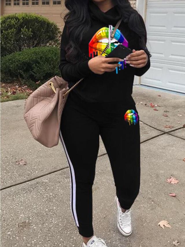 LW Plus Size Hooded Collar Lip Print Striped Tracksuit Set 5X