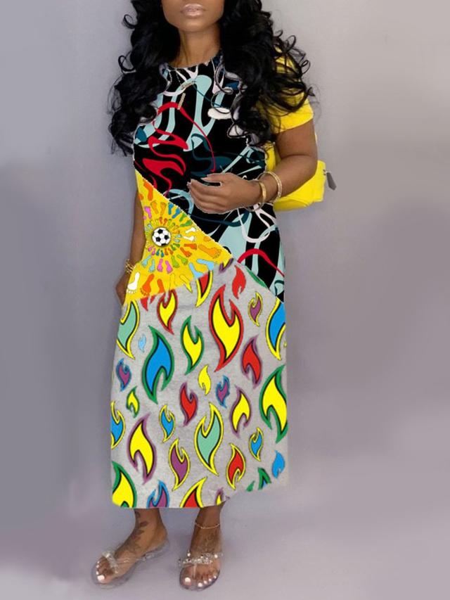 LW Mixed Print Round Neck Dress - Versatile Patterned Style