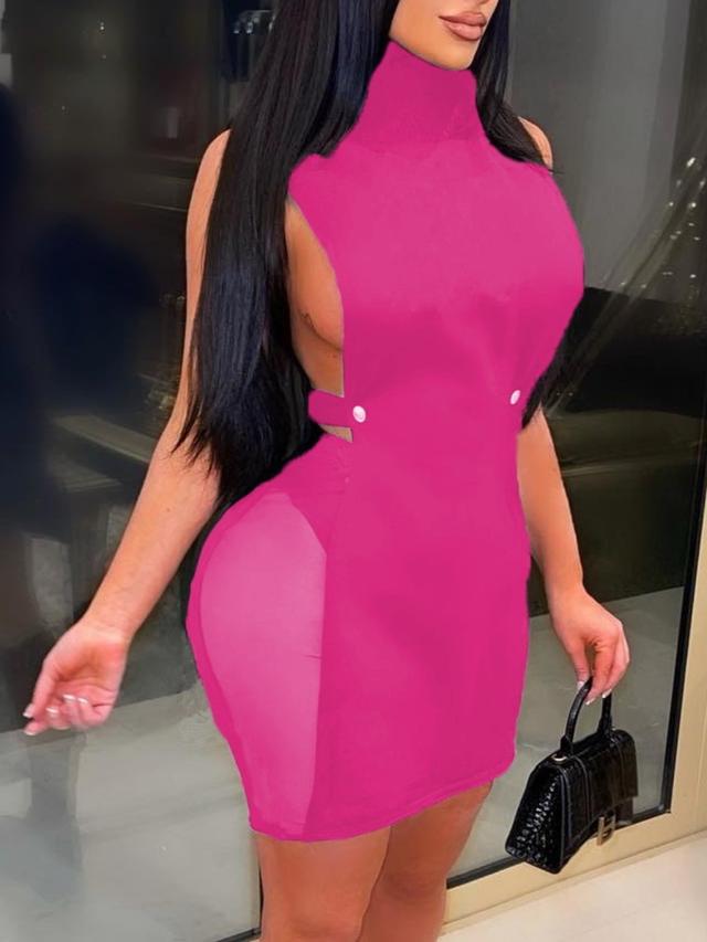 LW SXY Mesh Patchwork Solid Color Mini Dress