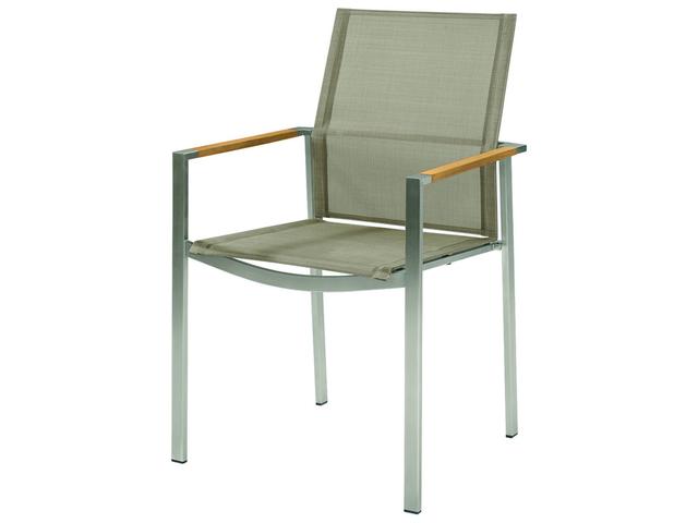 Barlow Tyrie Mercury Dining Arm Chair - Silver Stainless Steel Frame - Titanium Textilene Sling - Natural Teak Arms