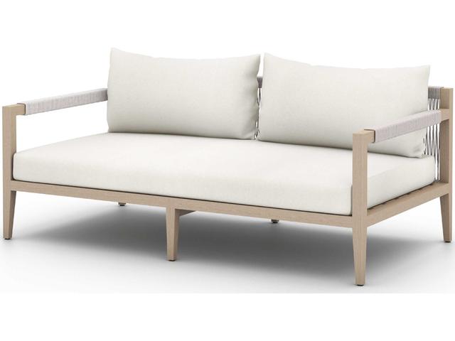 Four Hands Outdoor Solano Washed Brown Teak / Grey Rope Loveseat with Natural Ivory Cushion