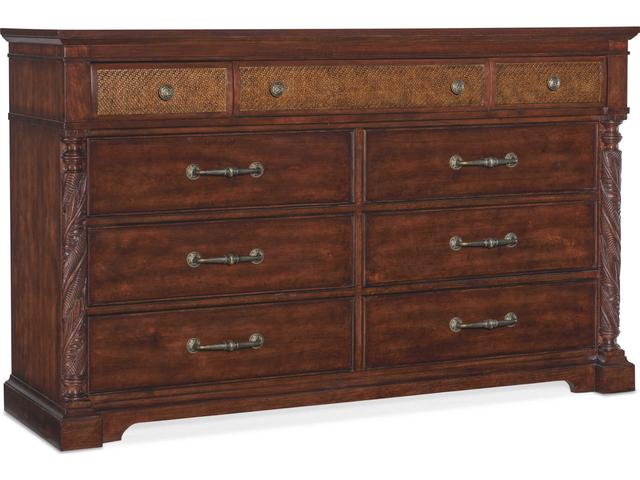 Charleston 9-Drawers Cherry Wood Double Dresser
