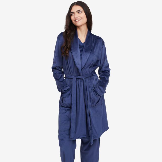 Cuddl Duds Ultra Plush Velvet Fleece with Satin Trim Shawl Collar Robe | Style: Navy | Size: XS | by TSC