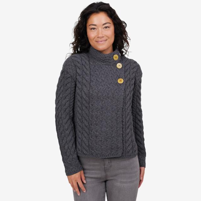 Aran Woollen Mills Asymmetrical Multi-Cable Cardigan with Buttons | Style: Slate Grey | Size: XS | by TSC