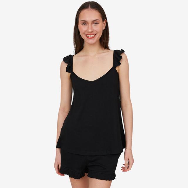 LATTELOVE Latte Love Crinkle Knit Ruffled Cami and Short Set | Style: Black | Size: Medium | by TSC