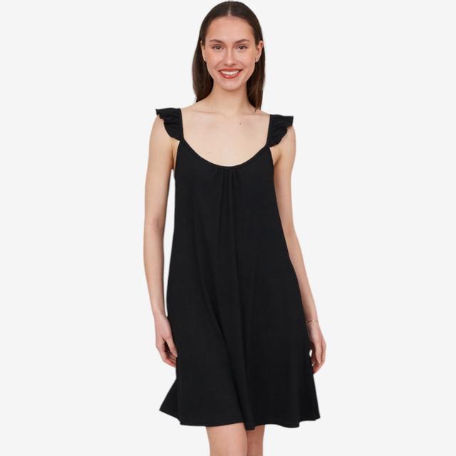 LATTELOVE Latte Love Crinkle Knit Ruffled Sleeve Gathered Dress | Style: Black | Size: Medium | by TSC