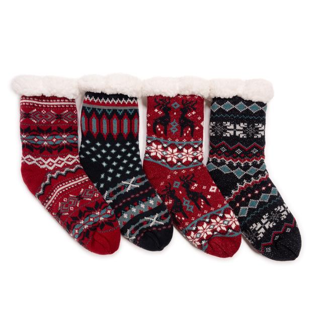 Muk Luks Women's Shea Butter Infused Cabin Socks (set of 4) | Style: Red/Navy | Size: Large/XL | by TSC