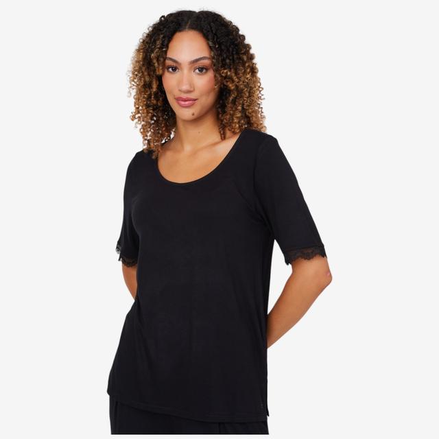 Cuddl Duds Soft Stretch Lace Trimmed T-Shirt | Style: Black | Size: Medium | by TSC