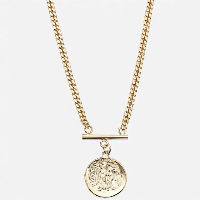 Bronzoro Yellow Gold Plate Curb Link Necklace with T Bar and Large Antique Coin | by TSC