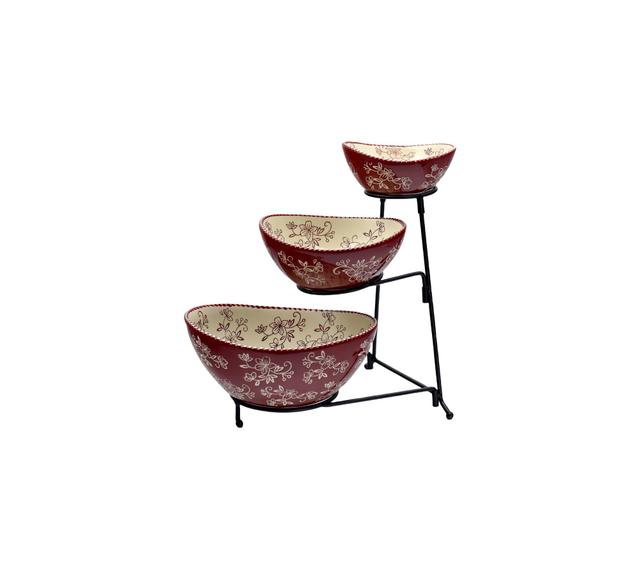 temp-tations Three-Tiered Oval Serving Bowl with Metal Rack | Style: Florallacecranb | by TSC