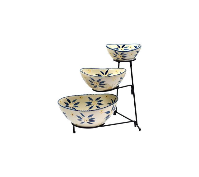 temp-tations Three-Tiered Oval Serving Bowl with Metal Rack | Style: Oldworldblue | by TSC