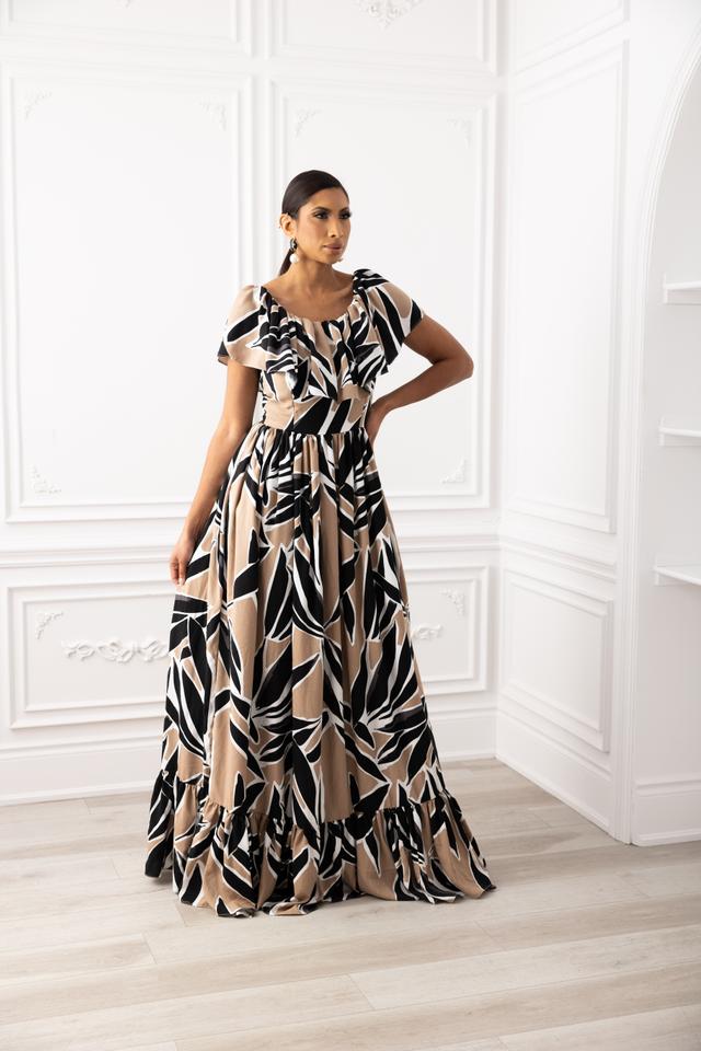 Kaela Kay Print Off The Shoulder Maxi Dress | Style: Cafe/Black | Size: 8 | by TSC