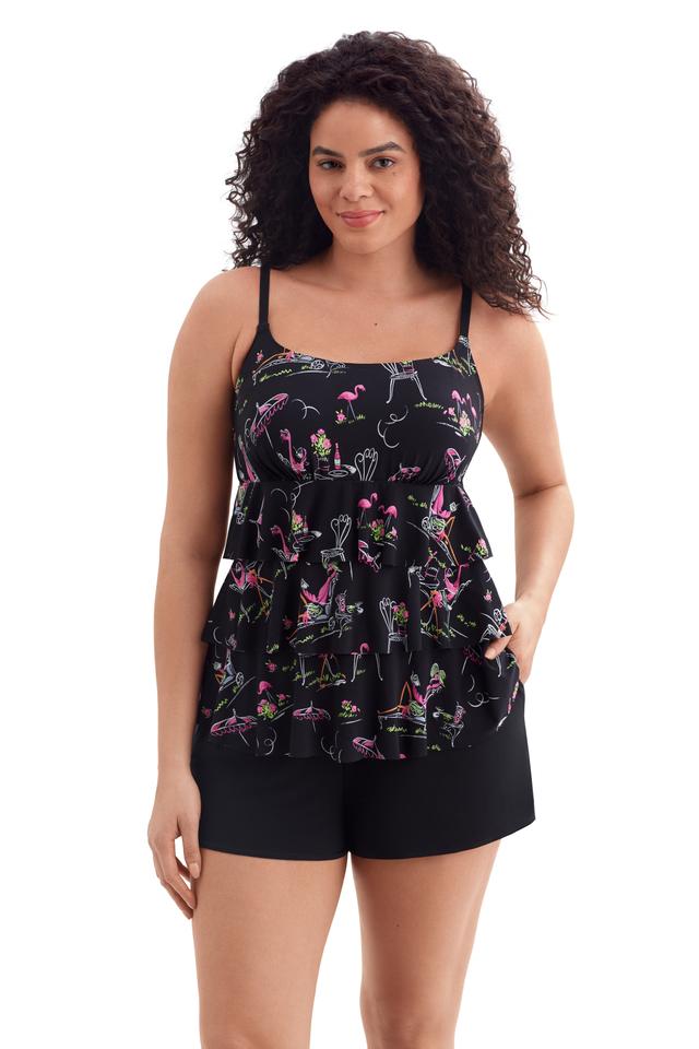 Longitude Swimwear Ruffle Faux Shortini | Style: Black/Pink | Size: 8 | by TSC