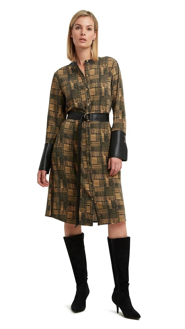 H Halston Mixed Media Button Front Dress | Style: Camel Plaid | Size: Large | by TSC