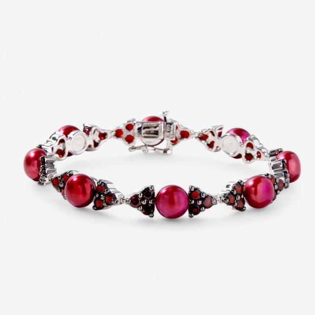 Tucson Gem Finds Gem Reflections Sterling Silver Gemstone & Pearl Bracelet | Style: Rhop/Garnet | Size: 7.25" | by TSC