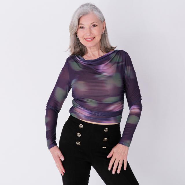 Everyday Jones Printed Mesh Ruched Body Suit | Style: Aubergine Combo | Size: Small | by TSC