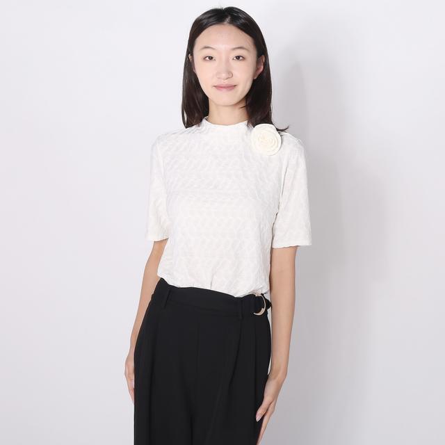 Modern Identity Mockneck Textured Bodysuit with Detachable Rose Detail | Style: Off White | Size: XL | by TSC