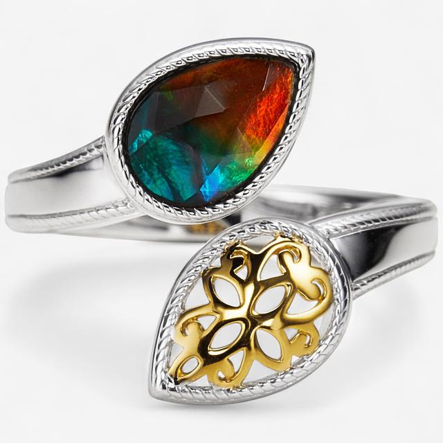 Canadian Ammolite Gems Sterling Silver Bypass Ring With Rope Filigree Detail | Style: Two Tone | Size: 7 | by TSC