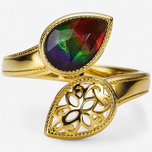 Canadian Ammolite Gems Sterling Silver Bypass Ring With Rope Filigree Detail | Style: Yellow Gold Plate | Size: 6 | by TSC