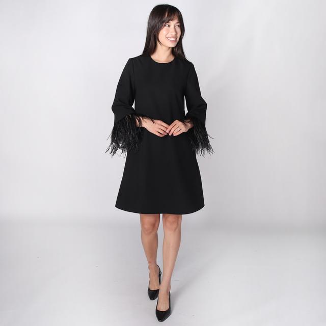 Tash & Sophie Lucia Crepe Shift Dress with Feather Trim | Style: Black | Size: Medium | by TSC