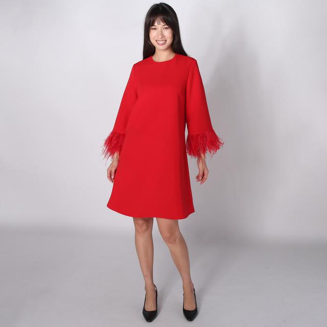 Tash & Sophie Lucia Crepe Shift Dress with Feather Trim | Style: Red | Size: XS | by TSC