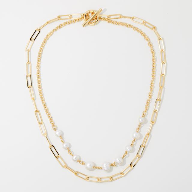 Bronzoro 18K Yellow Gold Plate Double Strand Necklace With Freshwater Pearl | by TSC
