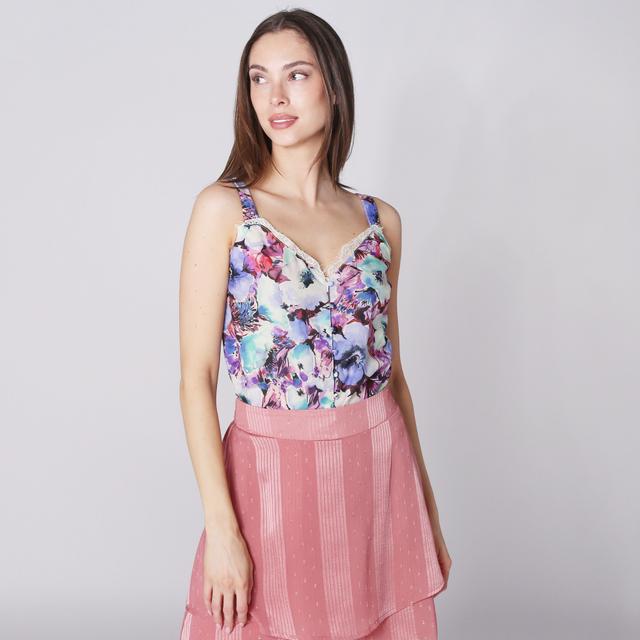 Modern Identity Wide Strap Satin Tank Bodysuit | Style: Floral | Size: 1X | by TSC