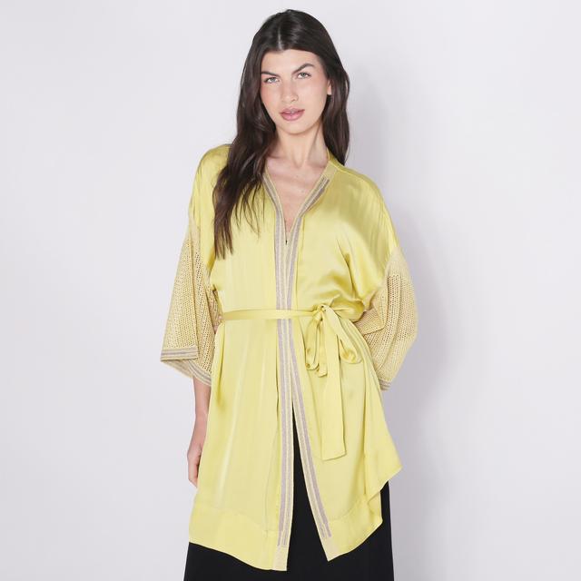 Aggel Knitwear Satin Kimono With Knitted Sleeves | Style: Lime | Size: Large | by TSC