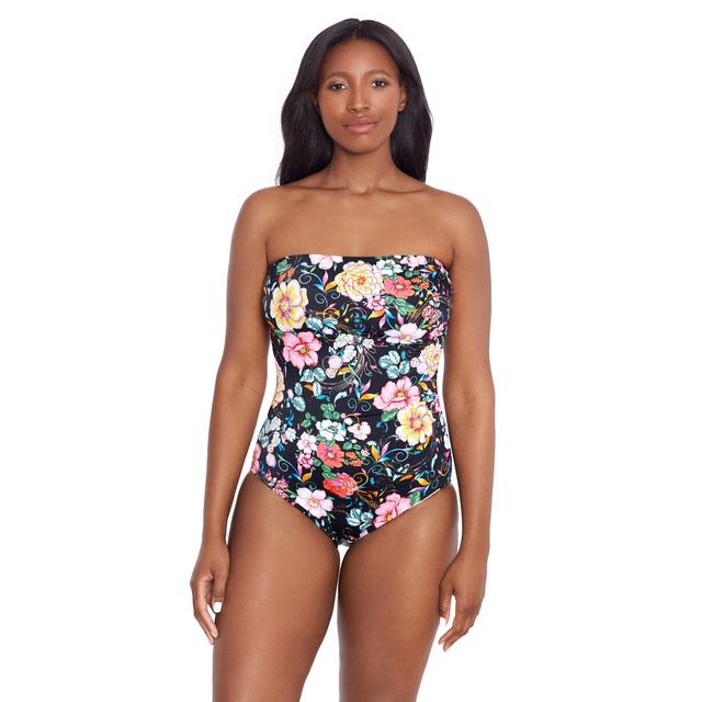 Longitude Swimwear Side Shirred Bandeau | Style: Black Floral | Size: 16 | by TSC