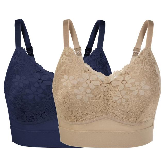 Rhonda Shear Shapewear Shear Molded Cup Bra with Lace Overlay (2-pack) | Style: Beige/Navy | Size: Small | by TSC