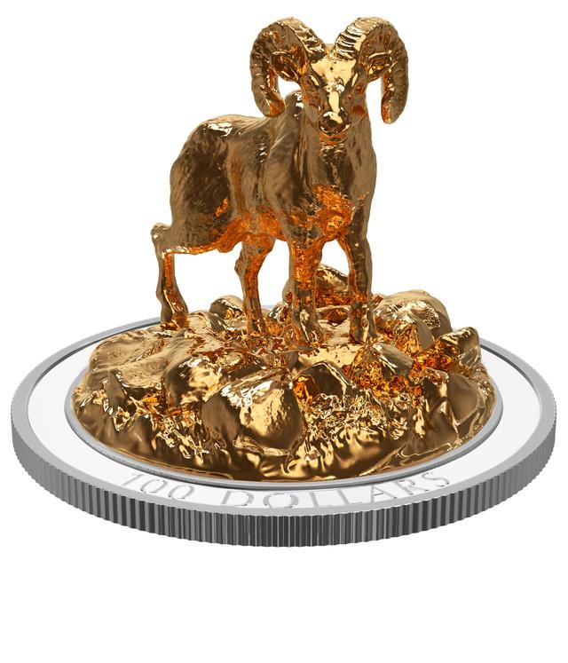Royal Canadian Mint (RCM) $100 Fine Silver 3D Sculpture Coin 2017 Iconic Canadian Animals: Bighorn Sheep | by TSC