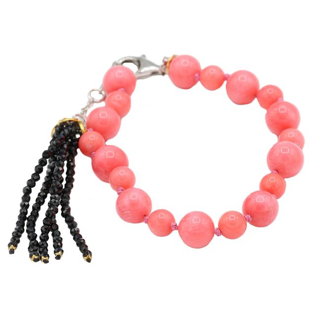 Gems En Vogue Palladium Silver Bead & Black Spinel Tassel Bracelet | Style: Pink Coral | by TSC