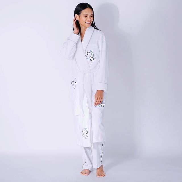 SmartSilk Ladies Cotton Terry Bathrobe Moon & Stars | Style: White | Size: Small | by TSC