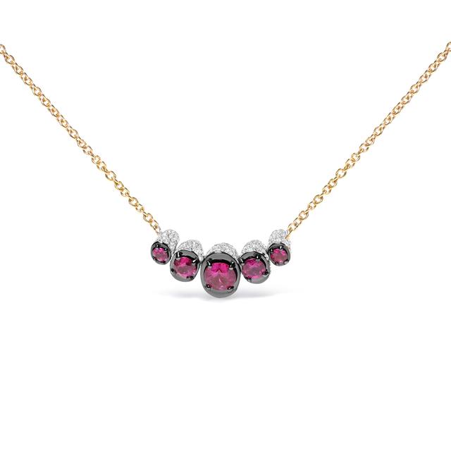 18K Rose Gold 3/4 Cttw Pave Diamonds and Graduated Red Ruby Gemstone Curved Bar Choker Necklace