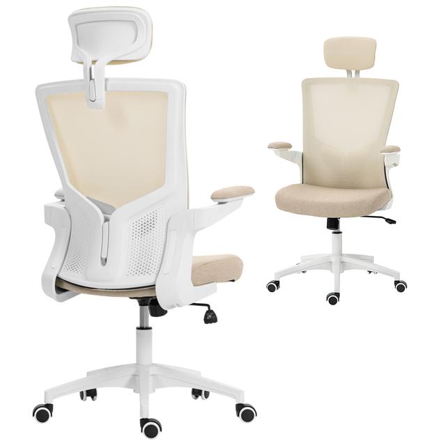 HOMCOM Ergonomic Office Chair, Desk Chair with Adjustable Headrest | Style: Beige | Size: 24"W X 25"D X 47"H | by TSC