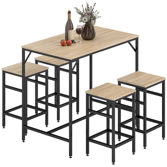 HOMCOM 5 Pieces Industrial Bar Table Set, Dining Table Set with 4 Stools | Style: Oak | Size: 39" X 24" X 35" | by TSC