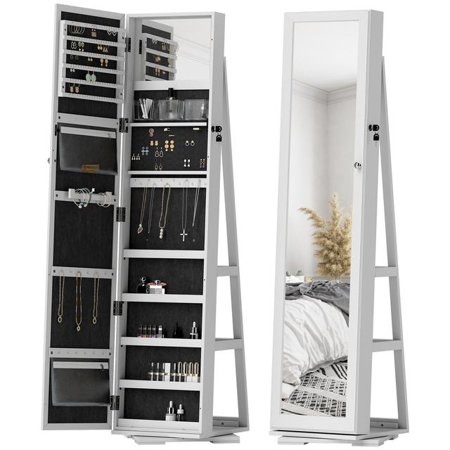 HOMCOM Jewelry Cabinet W/ Mirror Cosmetics Storage Cabinet | Style: White | Size: 15"W X 15"D X 63"H | by TSC