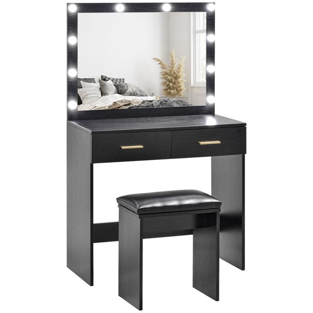HOMCOM Makeup Vanity Desk and Stool Set with LED Lighted Mirror | Style: Black | Size: 31"W X 15"D X 53"H | by TSC