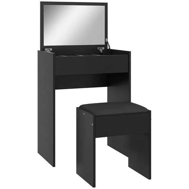 HOMCOM Mirrored Vanity Set Makeup Dressing Desk Stool Set Flip Top Bedroom | Style: Black | Size: 24"Wx16"Dx31"H | by TSC