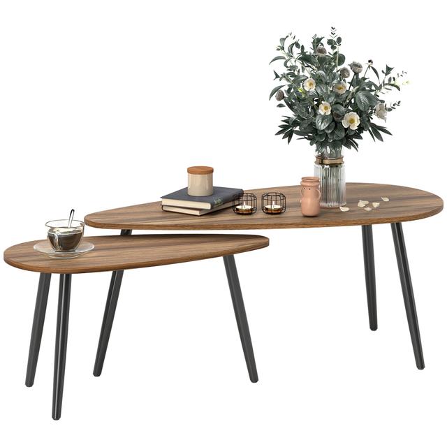 HOMCOM Nesting Coffee Tables Set of 2, End Tables with Steel Legs, Brown | by TSC