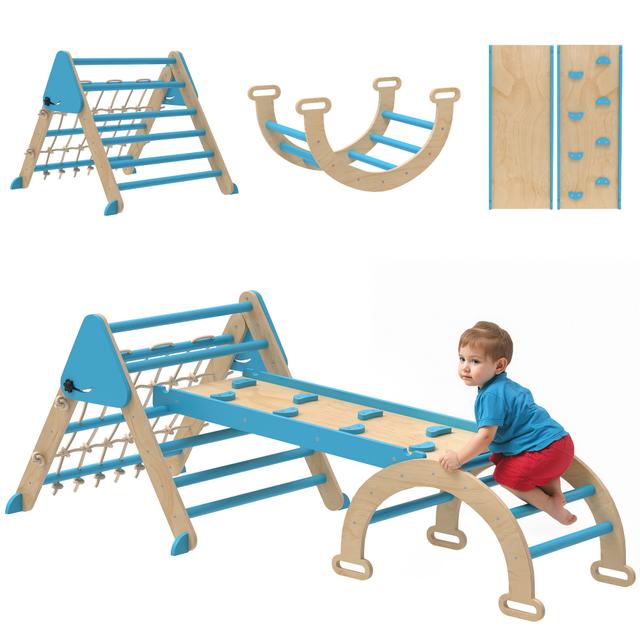 Qaba 8-in-1 Foldable Pikler Triangle Set with Arch, Ramp and Ladder, Blue | by TSC