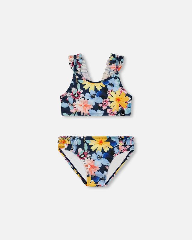 Deux par Deux Printed Two-Piece Swimsuit Navy And Yellow And Pink Flowers | Size: 5/6 | by TSC