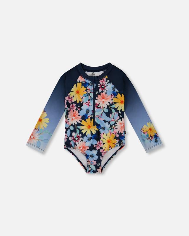 Deux par Deux Printed Long Sleeve Rashguard Navy And Yellow And Pink Flowers | Size: 5/6 | by TSC